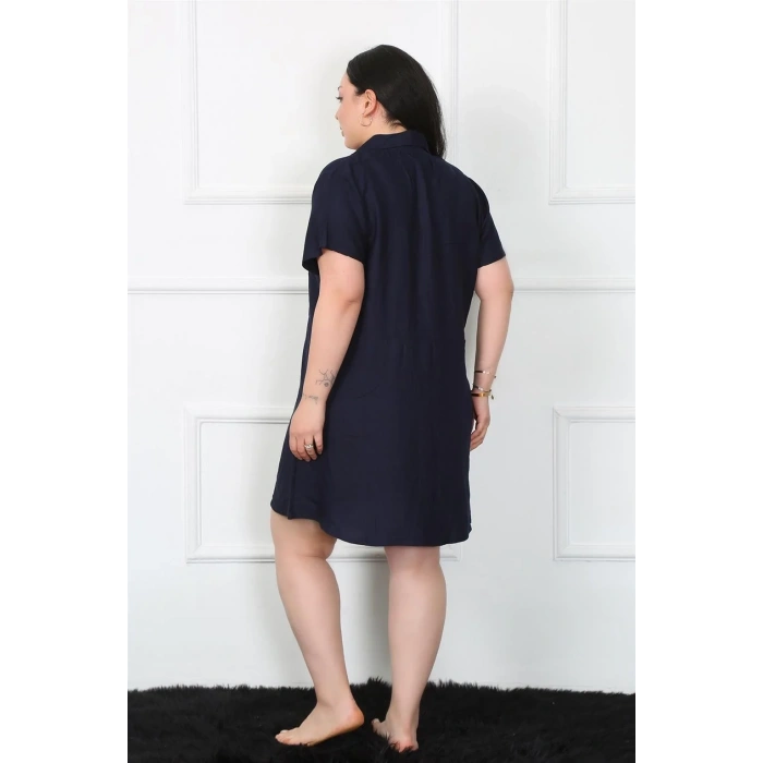 Moda Büyük Beden Dokuma Düğmeli Lacivert Tunik Gecelik