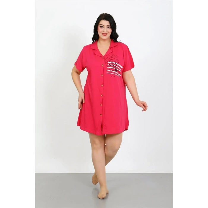 Moda Büyük Beden Penye Düğmeli Fuşya Tunik Gecelik
