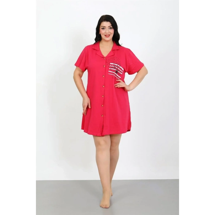 Moda Büyük Beden Penye Düğmeli Fuşya Tunik Gecelik