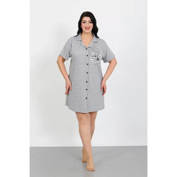 Moda Büyük Beden Penye Düğmeli Gri Tunik Gecelik