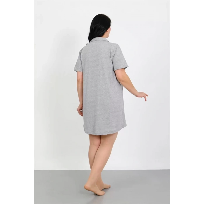 Moda Büyük Beden Penye Düğmeli Gri Tunik Gecelik