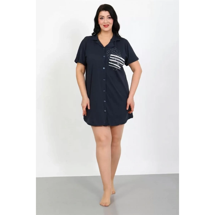 Moda Büyük Beden Penye Düğmeli Lacivert Tunik Gecelik