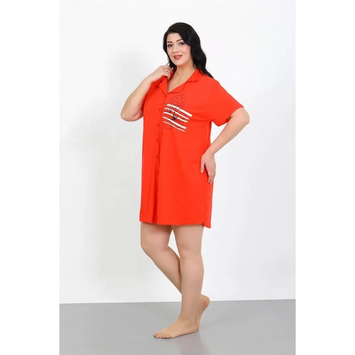 Moda Büyük Beden Penye Düğmeli Nar Çiçeği Tunik Gecelik