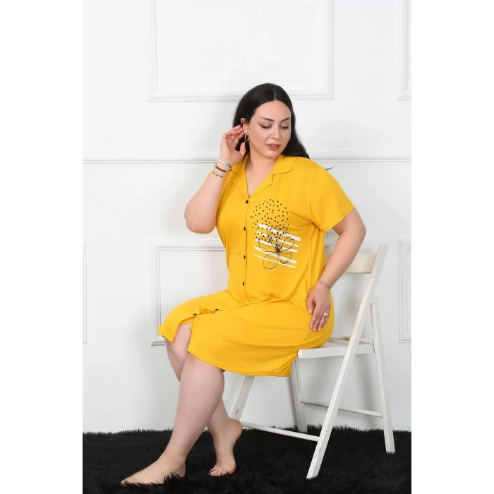 Moda Büyük Beden Penye Düğmeli Sarı Tunik Gecelik