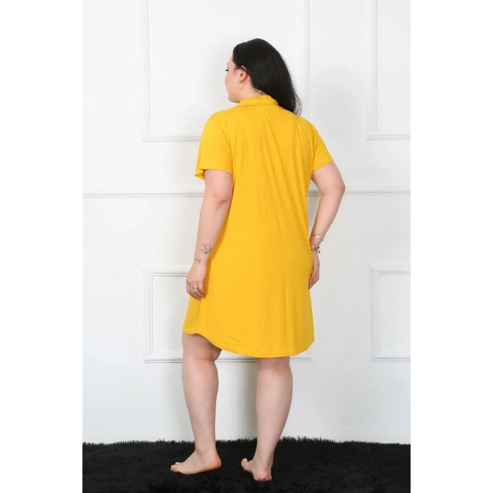 Moda Büyük Beden Penye Düğmeli Sarı Tunik Gecelik