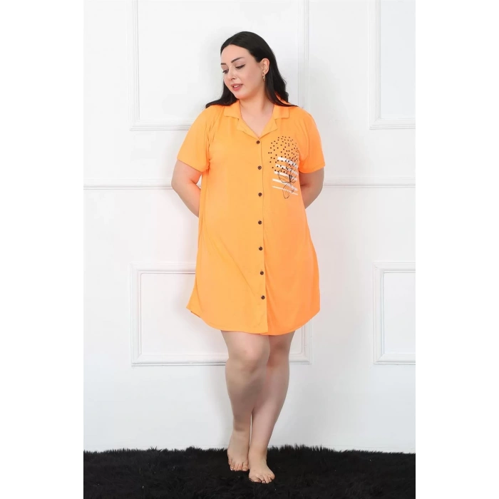 Moda Büyük Beden Penye Düğmeli Turuncu Tunik Gecelik
