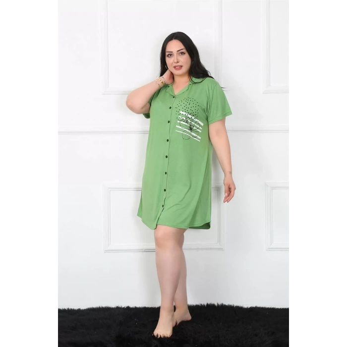 Moda Büyük Beden Penye Düğmeli Yeşil Tunik Gecelik
