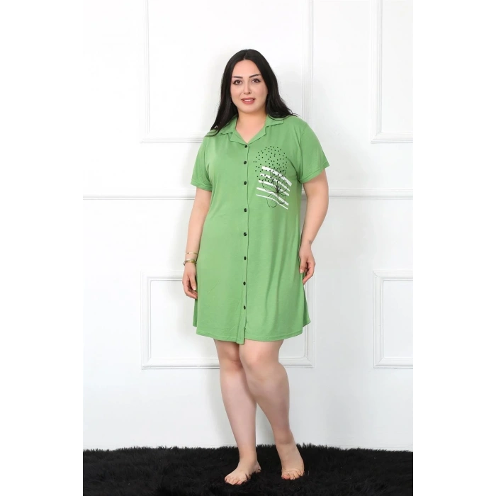 Moda Büyük Beden Penye Düğmeli Yeşil Tunik Gecelik