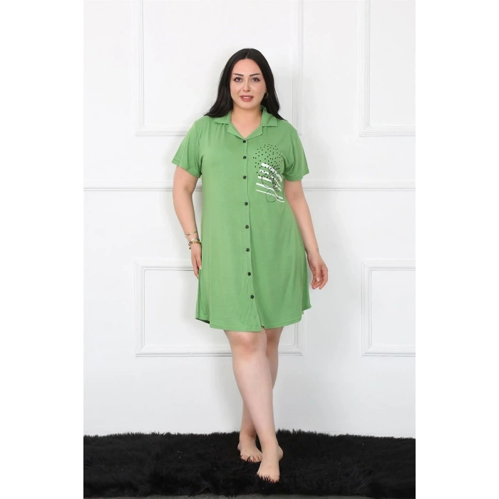 Moda Büyük Beden Penye Düğmeli Yeşil Tunik Gecelik