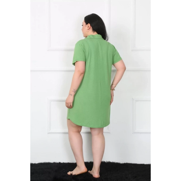 Moda Büyük Beden Penye Düğmeli Yeşil Tunik Gecelik