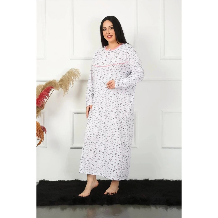 Moda Büyük Beden Uzun Kol Beyaz Anne Gecelik