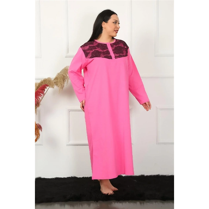 Moda Büyük Beden Uzun Kol Dantelli Fuşya Anne Gecelik
