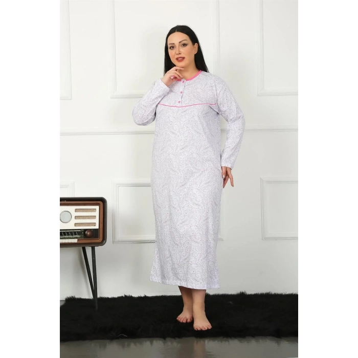 Moda Büyük Beden Uzun Kol Fuşya Anne Gecelik