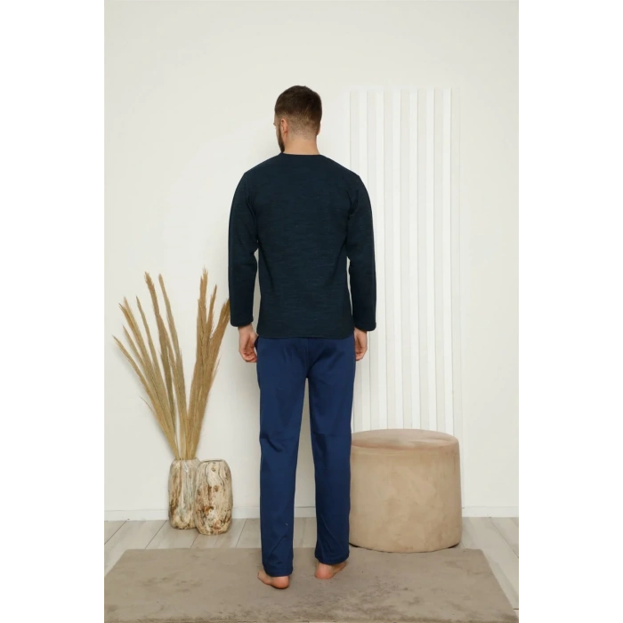 Moda Erkek %100 Pamuk Önden Düğmeli Cepli Uzun Kollu Pijama Takımı Lacivert