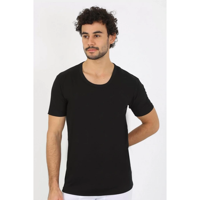 Moda Erkek Açık Yaka Siyah Penye Atlet