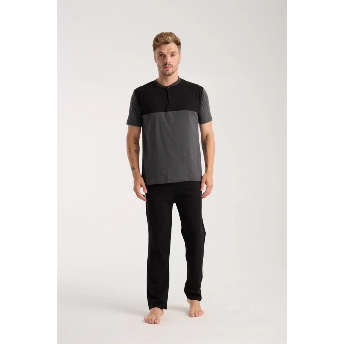 Moda Erkek Antrasit Düğmeli Yaka Kısa Kol Pijama Takımı