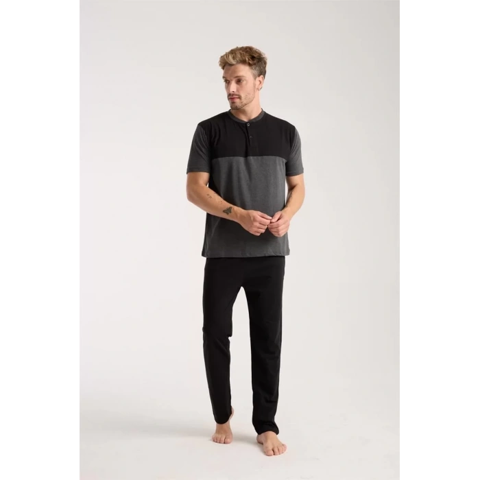 Moda Erkek Antrasit Düğmeli Yaka Kısa Kol Pijama Takımı