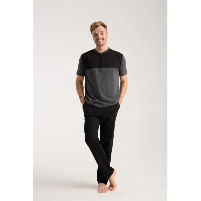 Moda Erkek Antrasit Düğmeli Yaka Kısa Kol Pijama Takımı