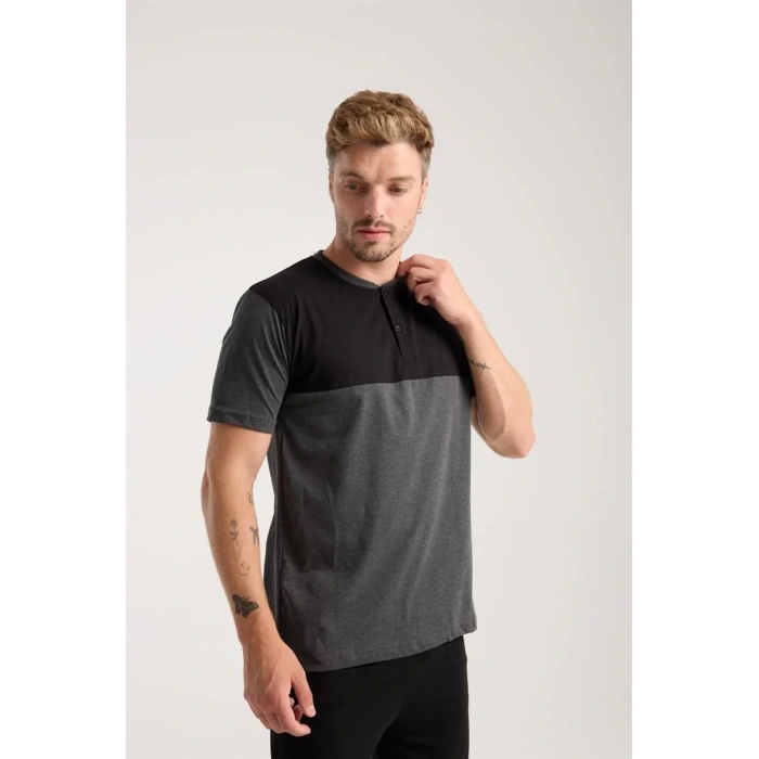 Moda Erkek Antrasit Düğmeli Yaka Kısa Kol Pijama Takımı