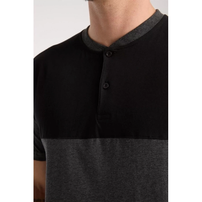 Moda Erkek Antrasit Düğmeli Yaka Kısa Kol Pijama Takımı