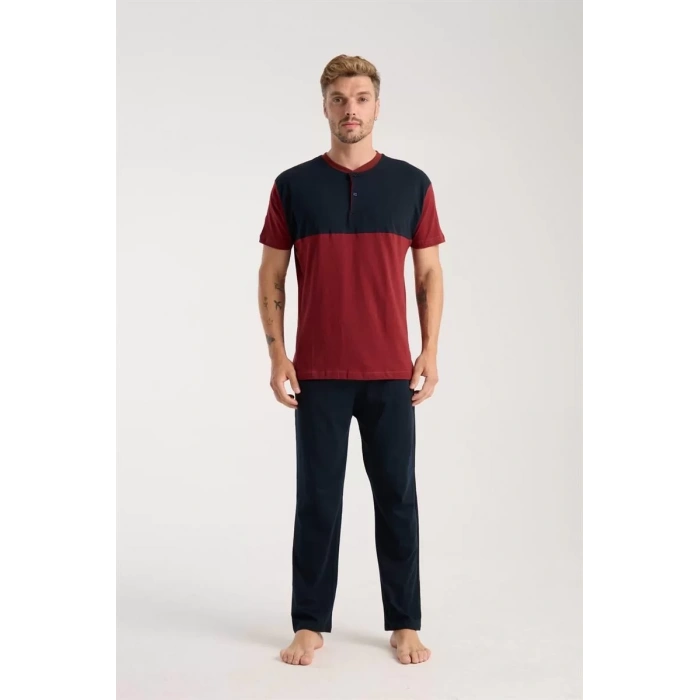 Moda Erkek Bordo Düğmeli Yaka Kısa Kol Pijama Takımı