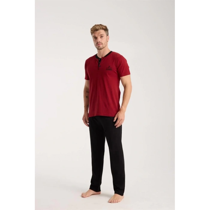 Moda Erkek Bordo Düğmeli Yaka Kısa Kol Pijama Takımı