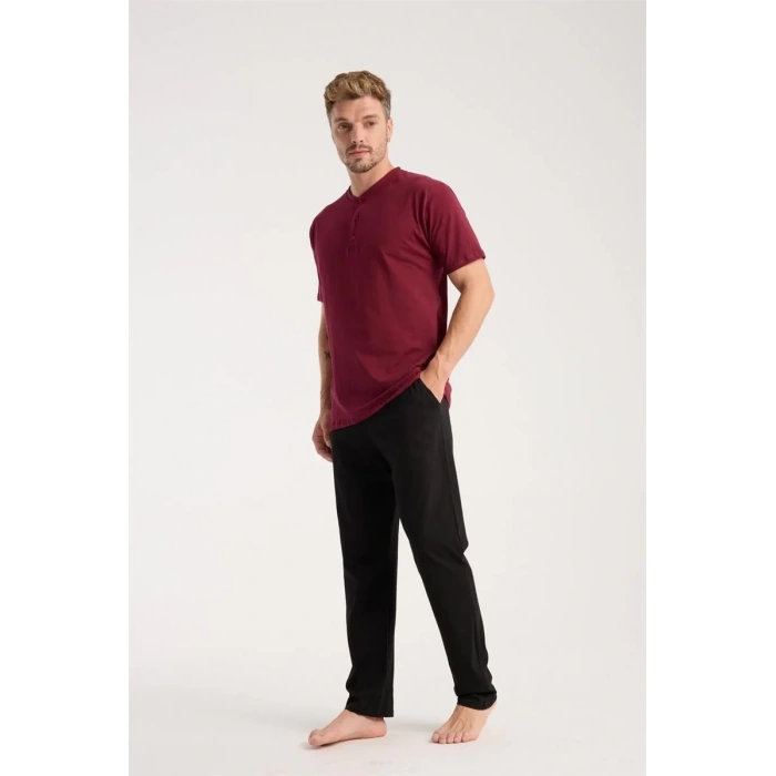 Moda Erkek Bordo Düğmeli Yaka Kısa Kol Pijama Takımı