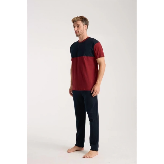 Moda Erkek Bordo Düğmeli Yaka Kısa Kol Pijama Takımı