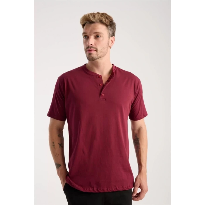 Moda Erkek Bordo Düğmeli Yaka Kısa Kol Pijama Takımı