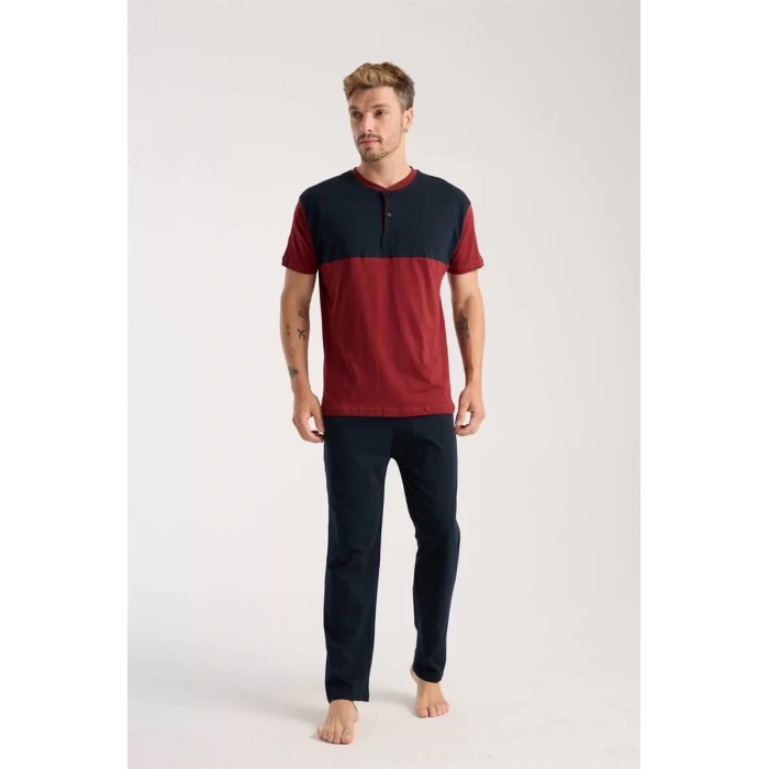 Moda Erkek Bordo Düğmeli Yaka Kısa Kol Pijama Takımı
