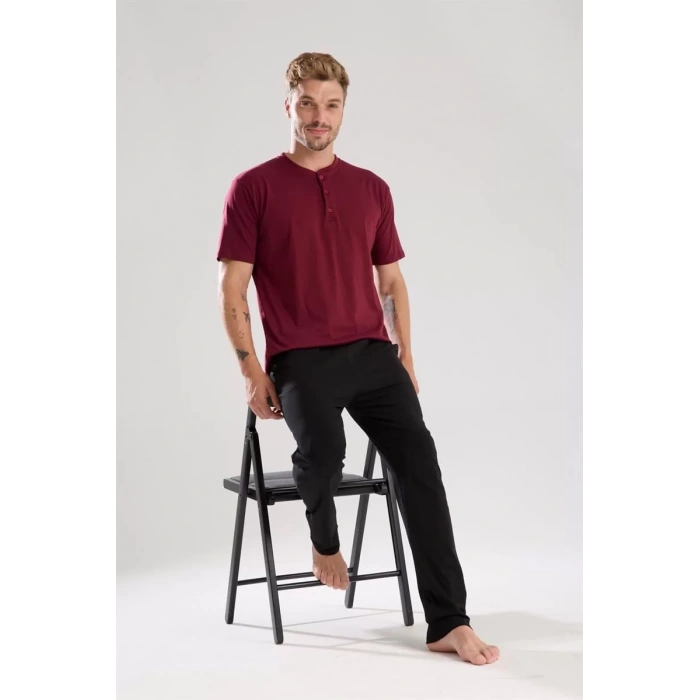 Moda Erkek Bordo Düğmeli Yaka Kısa Kol Pijama Takımı