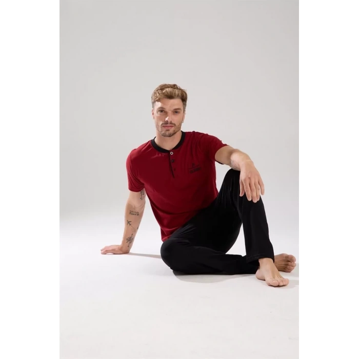 Moda Erkek Bordo Düğmeli Yaka Kısa Kol Pijama Takımı