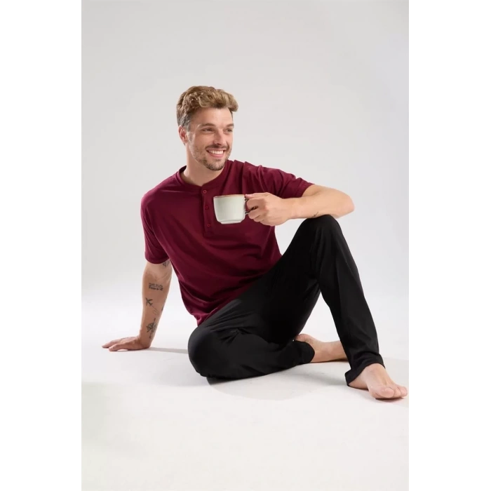 Moda Erkek Bordo Düğmeli Yaka Kısa Kol Pijama Takımı