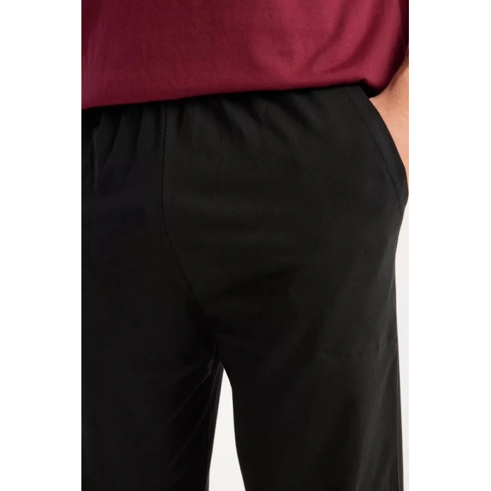 Moda Erkek Bordo Düğmeli Yaka Kısa Kol Pijama Takımı