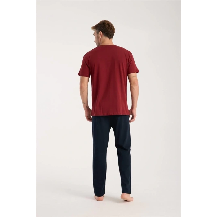 Moda Erkek Bordo Düğmeli Yaka Kısa Kol Pijama Takımı