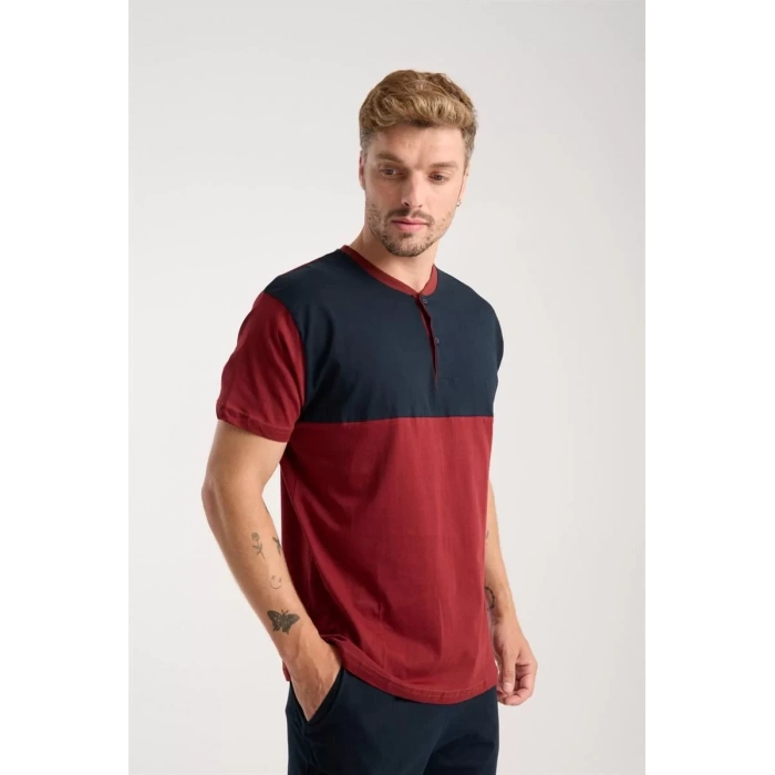 Moda Erkek Bordo Düğmeli Yaka Kısa Kol Pijama Takımı