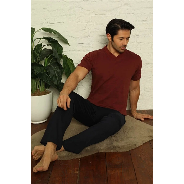 Moda Erkek Bordo V Yaka 3lü Pijama Takım