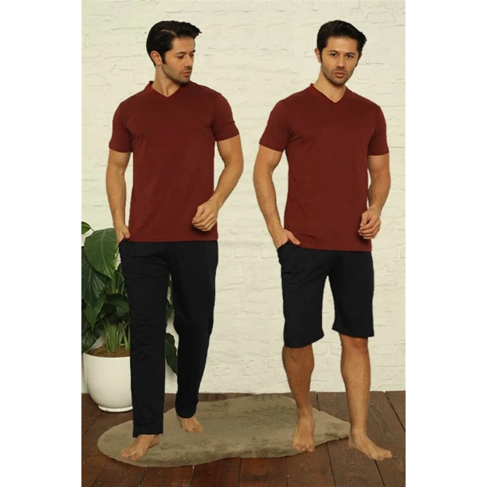 Moda Erkek Bordo V Yaka 3lü Pijama Takım