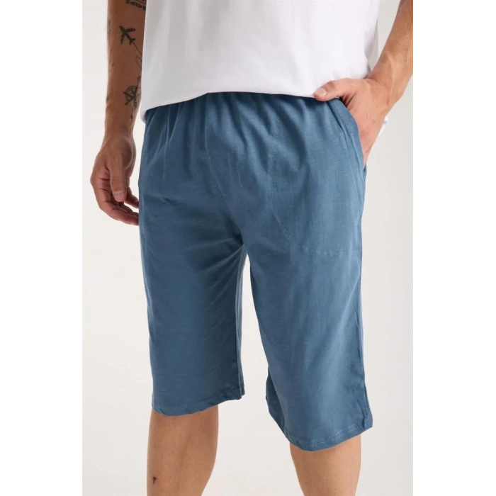 Moda Erkek Cepli Pamuk Penye Şort İndigo
