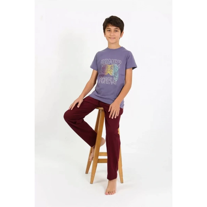 Moda Erkek Çocuk Kısa Kol Penye Pijama Takım Mor