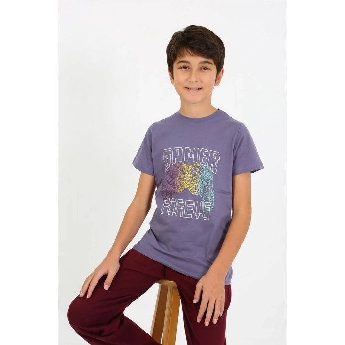 Moda Erkek Çocuk Kısa Kol Penye Pijama Takım Mor