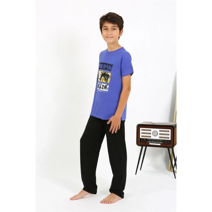 Moda Erkek Çocuk Kısa Kol Penye Pijama Takım Saks