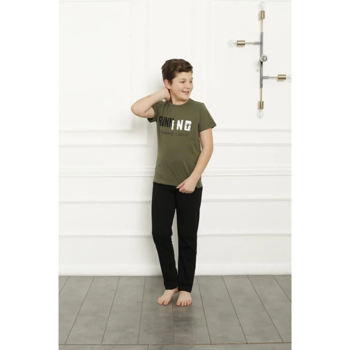 Moda Erkek Çocuk Pamuk Kısa Kollu Pijama Takımı Haki