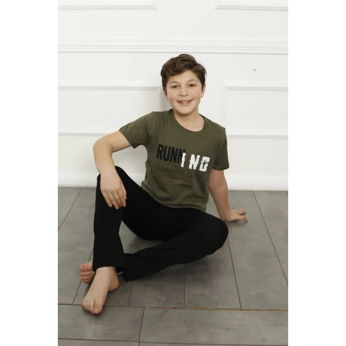 Moda Erkek Çocuk Pamuk Kısa Kollu Pijama Takımı Haki