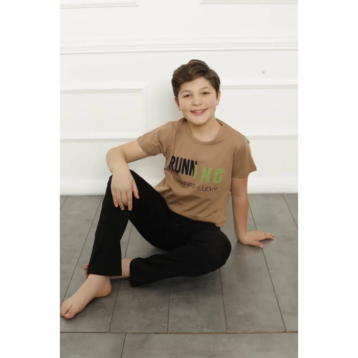 Moda Erkek Çocuk Pamuk Kısa Kollu Pijama Takımı Kahve