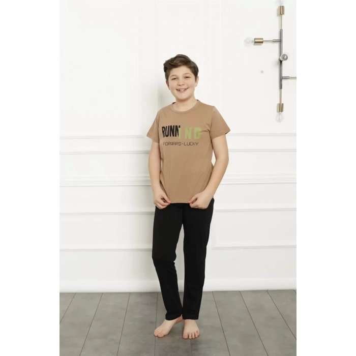 Moda Erkek Çocuk Pamuk Kısa Kollu Pijama Takımı Kahve