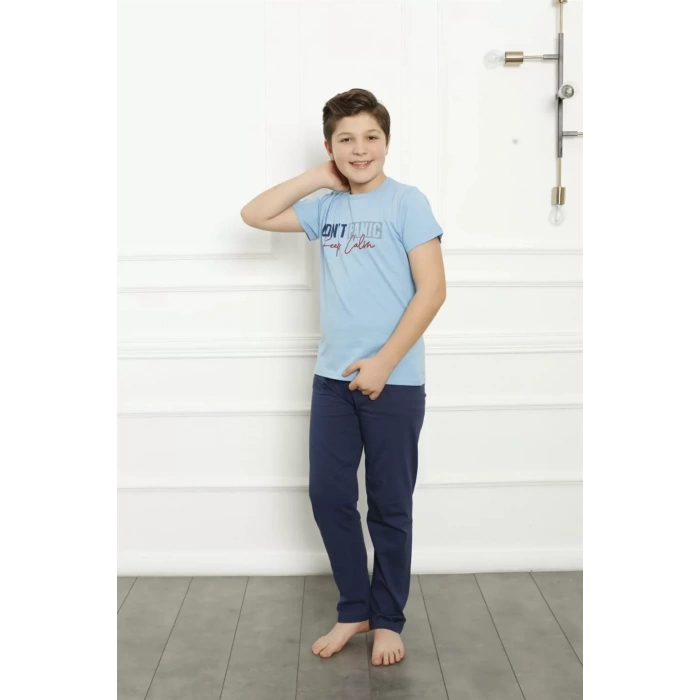 Moda Erkek Çocuk Pamuk Kısa Kollu Pijama Takımı Mavi