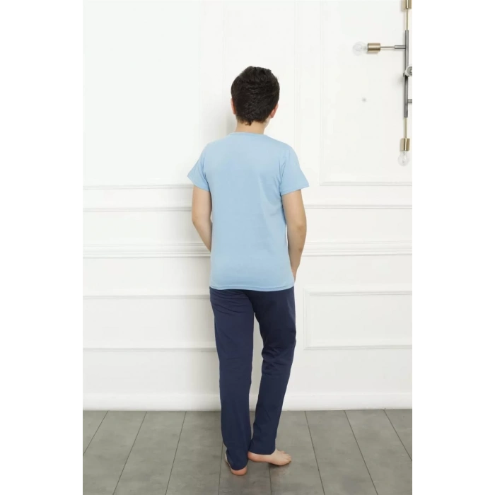 Moda Erkek Çocuk Pamuk Kısa Kollu Pijama Takımı Mavi