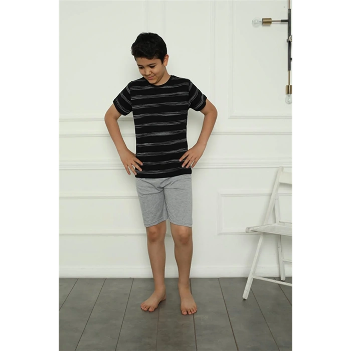 Moda Erkek Çocuk Penye Şortlu Pijama Takım Siyah
