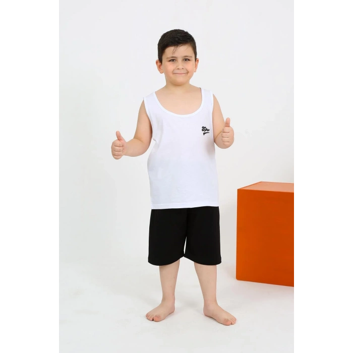 Moda Erkek Çocuk Sıfır Kol Şortlu Beyaz Penye Pijama Takımı